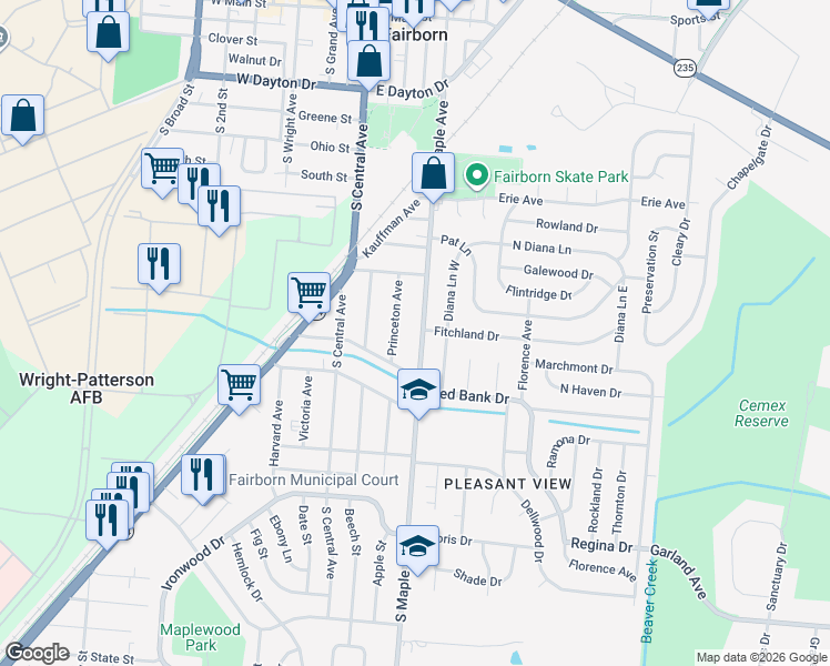 map of restaurants, bars, coffee shops, grocery stores, and more near 865 South Maple Avenue in Fairborn
