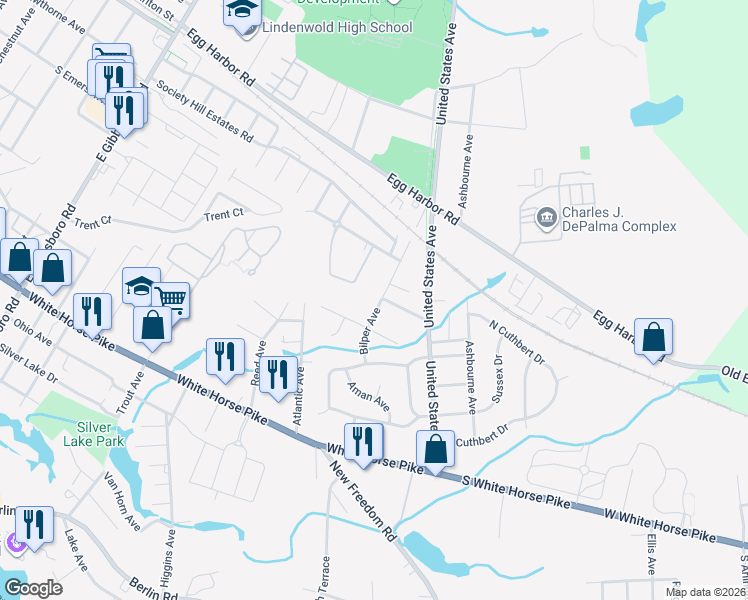 map of restaurants, bars, coffee shops, grocery stores, and more near 506 Bilper Avenue in Lindenwold