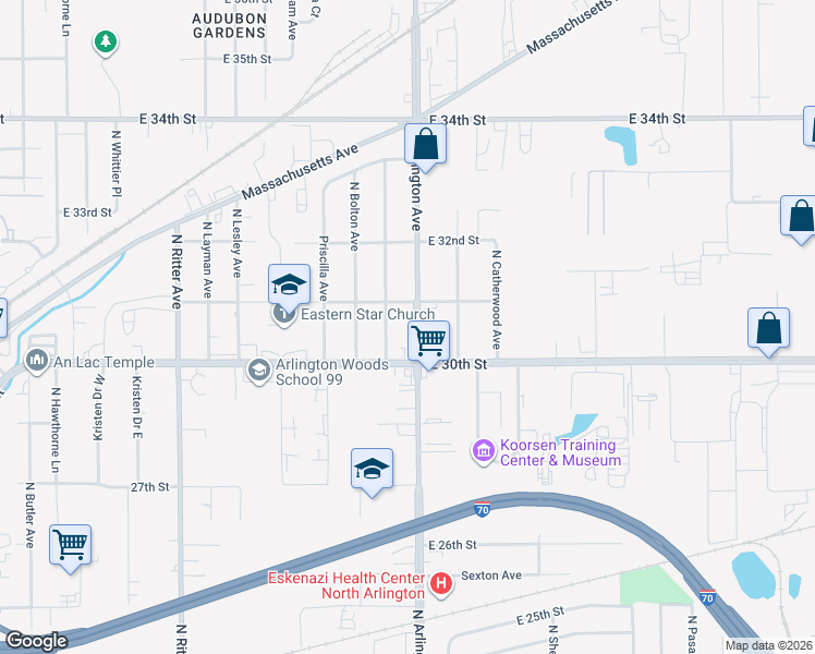 map of restaurants, bars, coffee shops, grocery stores, and more near 3007 North Campbell Avenue in Indianapolis