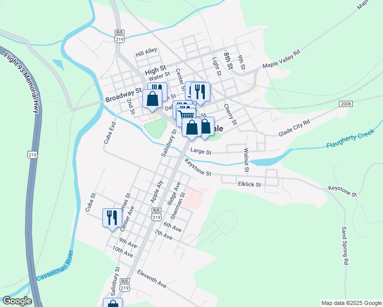 map of restaurants, bars, coffee shops, grocery stores, and more near 128-130 Keystone Street in Meyersdale