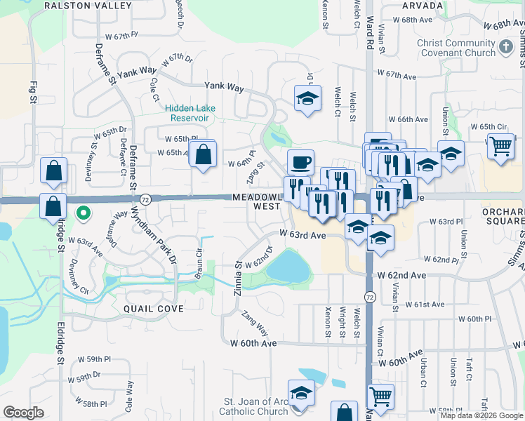map of restaurants, bars, coffee shops, grocery stores, and more near 13015 West 63rd Circle in Arvada