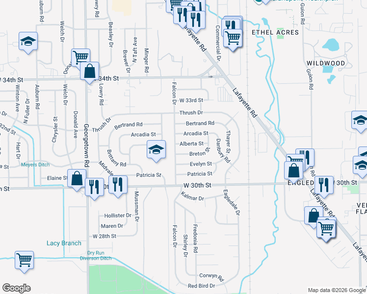map of restaurants, bars, coffee shops, grocery stores, and more near 4125 Alberta Street in Indianapolis