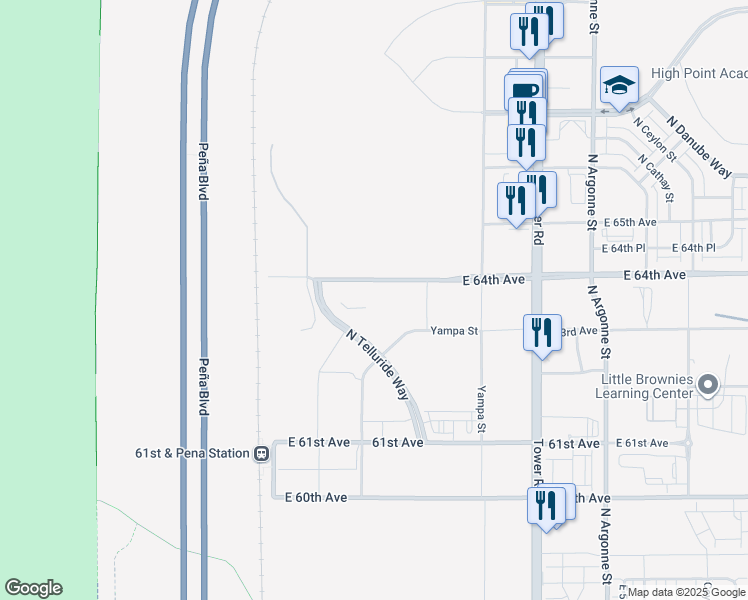 map of restaurants, bars, coffee shops, grocery stores, and more near 6208 North Telluride Way in Denver