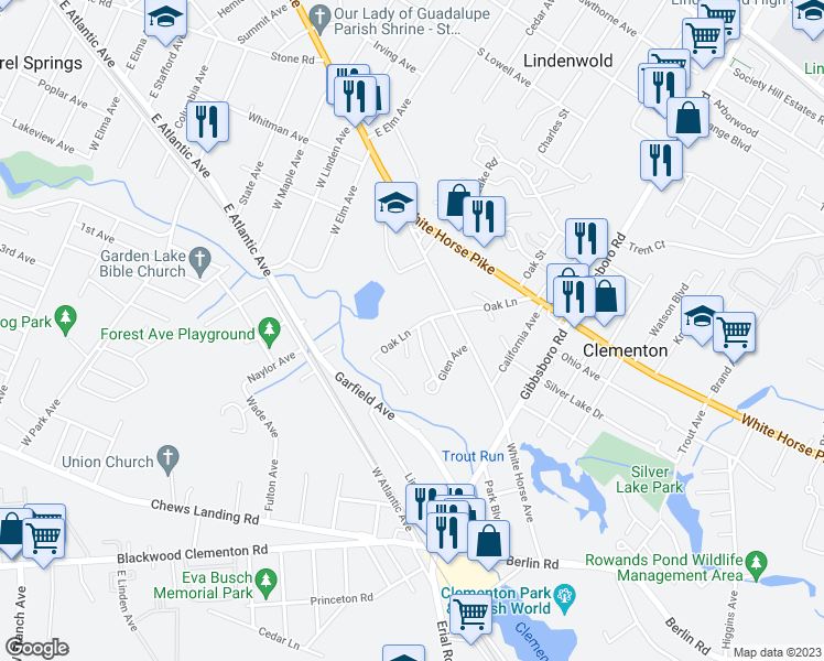 map of restaurants, bars, coffee shops, grocery stores, and more near 91 Oak Lane in Clementon