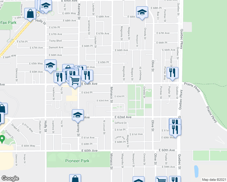 map of restaurants, bars, coffee shops, grocery stores, and more near 6321 Monaco Street in Commerce City