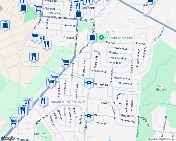 map of restaurants, bars, coffee shops, grocery stores, and more near 865 South Maple Avenue in Fairborn