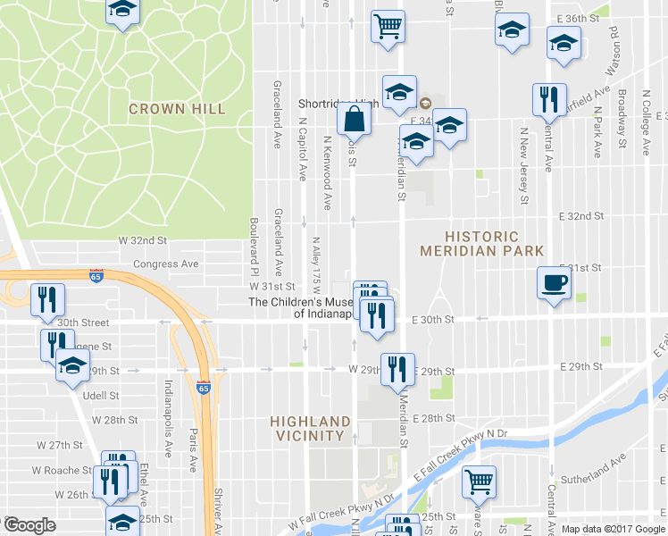 map of restaurants, bars, coffee shops, grocery stores, and more near 3101 North Kenwood Avenue in Indianapolis