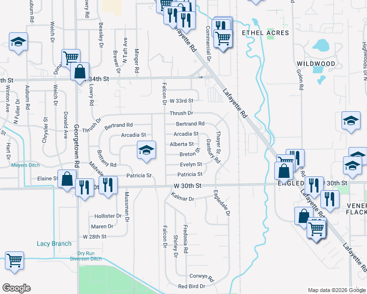 map of restaurants, bars, coffee shops, grocery stores, and more near 4101 Breton Street in Indianapolis