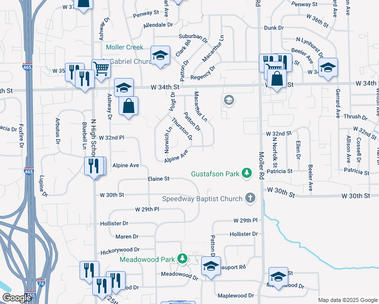map of restaurants, bars, coffee shops, grocery stores, and more near 5813 Alpine Avenue in Indianapolis