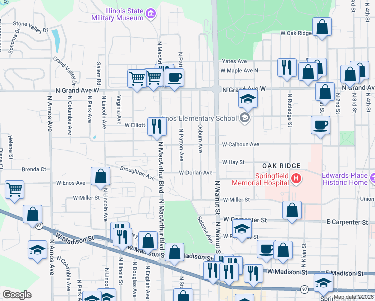 map of restaurants, bars, coffee shops, grocery stores, and more near 801-999 Osburn Avenue in Springfield
