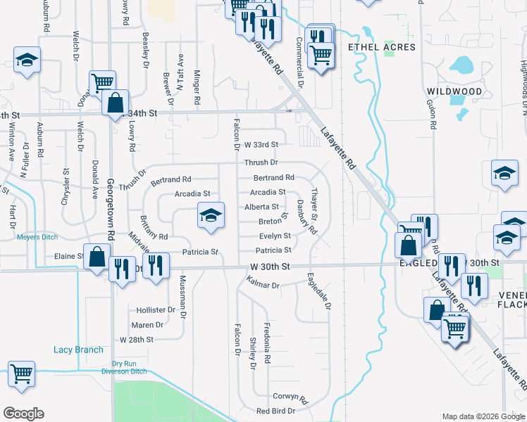 map of restaurants, bars, coffee shops, grocery stores, and more near 4101 Breton Street in Indianapolis
