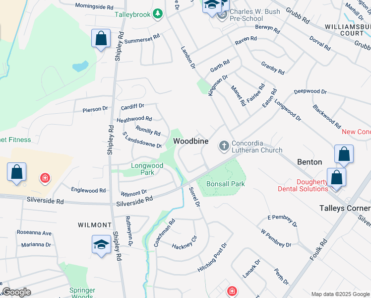 map of restaurants, bars, coffee shops, grocery stores, and more near 3021 Maple Shade Lane in Wilmington