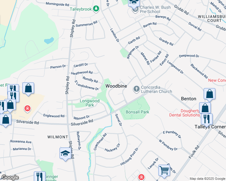 map of restaurants, bars, coffee shops, grocery stores, and more near 3021 Maple Shade Lane in Wilmington
