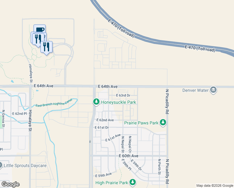 map of restaurants, bars, coffee shops, grocery stores, and more near 21051 East 63rd Drive in Aurora