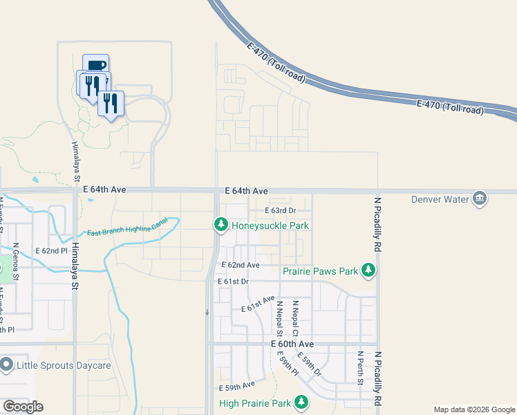 map of restaurants, bars, coffee shops, grocery stores, and more near 21041 East 63rd Drive in Aurora