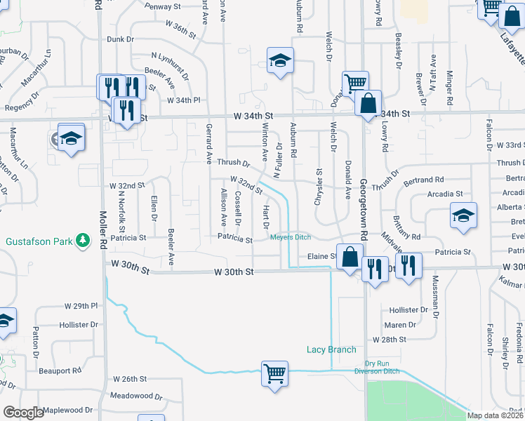 map of restaurants, bars, coffee shops, grocery stores, and more near 3138 Hart Drive in Indianapolis