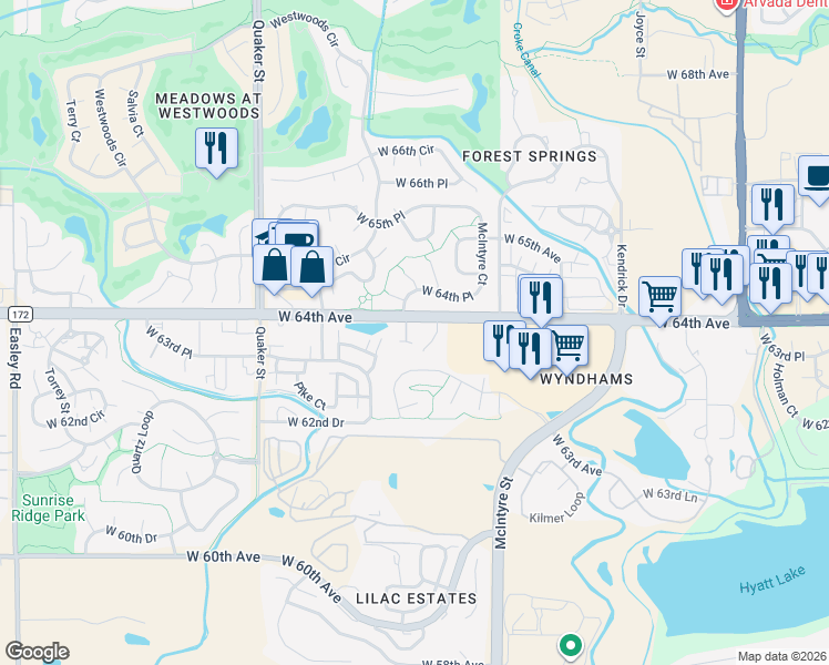 map of restaurants, bars, coffee shops, grocery stores, and more near 15885 West 63rd Avenue in Arvada