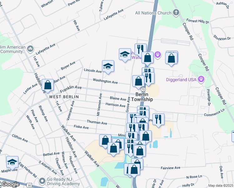 map of restaurants, bars, coffee shops, grocery stores, and more near 366 Blaine Avenue in West Berlin