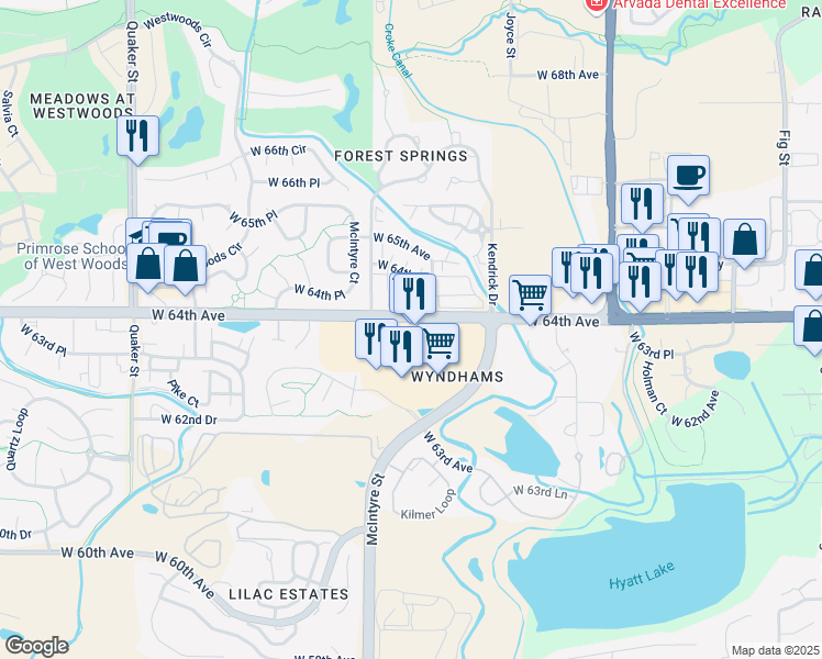 map of restaurants, bars, coffee shops, grocery stores, and more near 15456 West 64th Avenue in Arvada