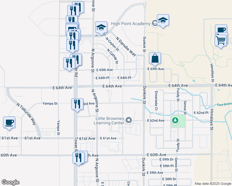 map of restaurants, bars, coffee shops, grocery stores, and more near 18631-18905 East 64th Avenue in Denver