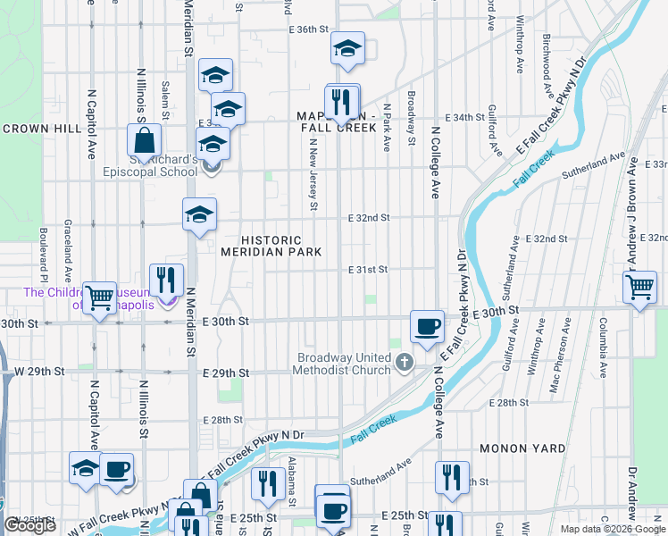 map of restaurants, bars, coffee shops, grocery stores, and more near 3053 Central Avenue in Indianapolis