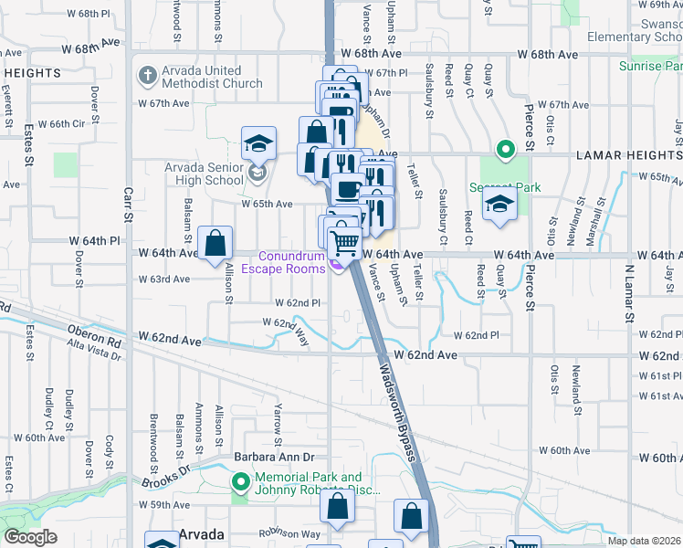 map of restaurants, bars, coffee shops, grocery stores, and more near 6320 Olde Wadsworth Boulevard in Arvada