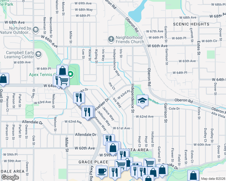 map of restaurants, bars, coffee shops, grocery stores, and more near 6372 Iris Court in Arvada