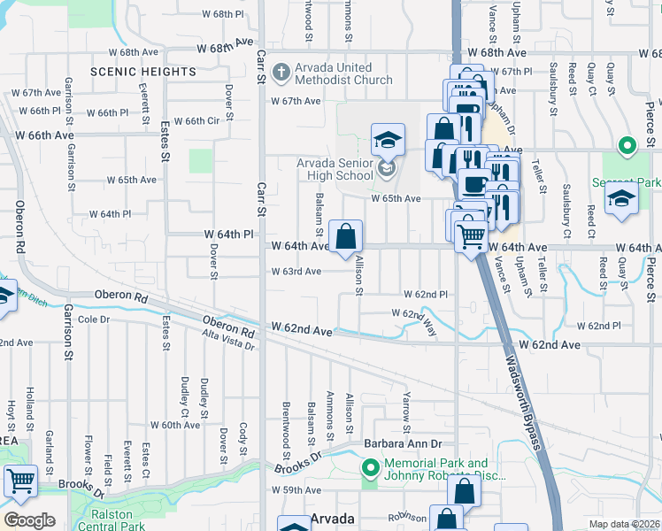 map of restaurants, bars, coffee shops, grocery stores, and more near 8115 West 63rd Avenue in Arvada