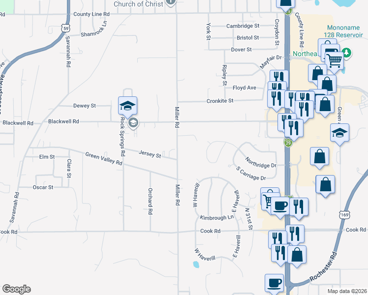 map of restaurants, bars, coffee shops, grocery stores, and more near 5113 Miller Road in Saint Joseph