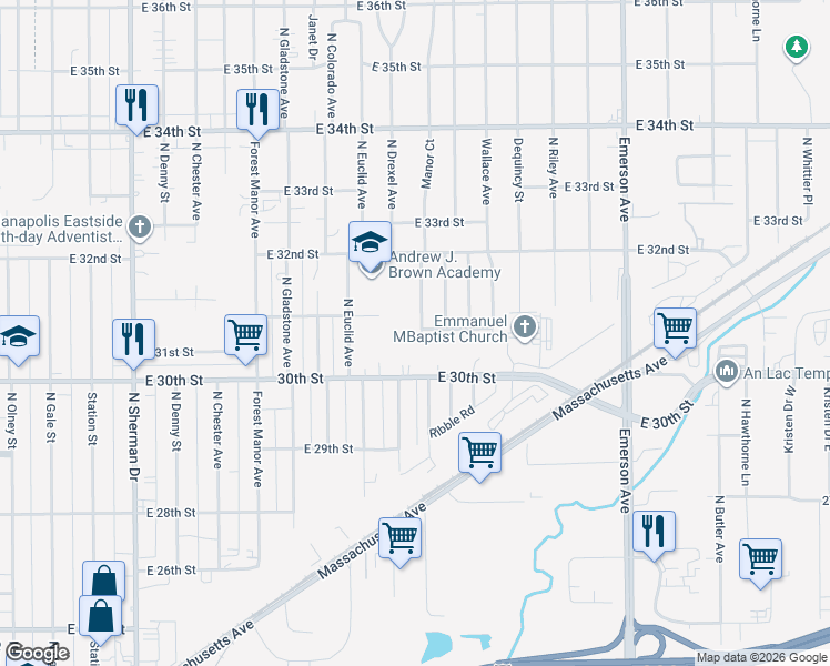 map of restaurants, bars, coffee shops, grocery stores, and more near 4710 East 30th Street in Indianapolis