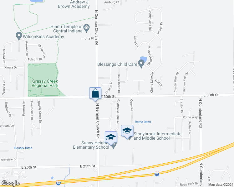 map of restaurants, bars, coffee shops, grocery stores, and more near 3012 River Birch Drive in Indianapolis