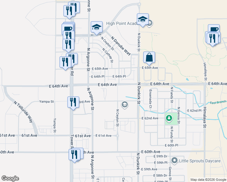 map of restaurants, bars, coffee shops, grocery stores, and more near 6355 North Ceylon Street in Denver