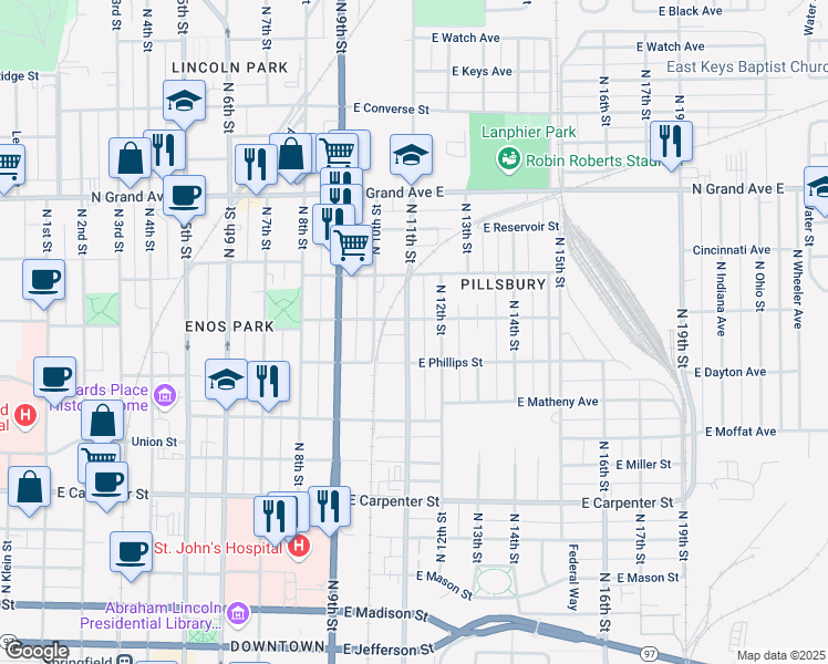 map of restaurants, bars, coffee shops, grocery stores, and more near 1101-1199 E Phillips St in Springfield