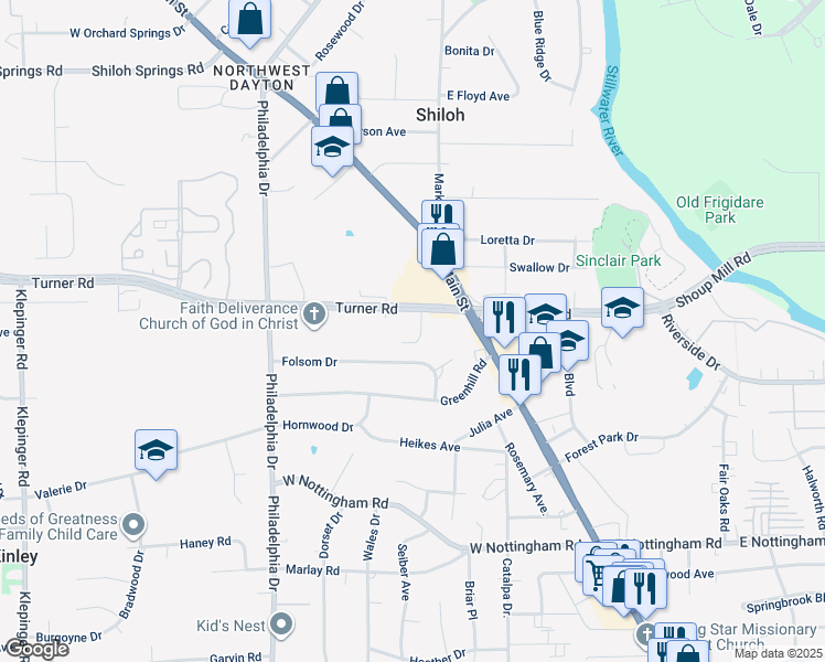 map of restaurants, bars, coffee shops, grocery stores, and more near 100 Turner Road in Dayton