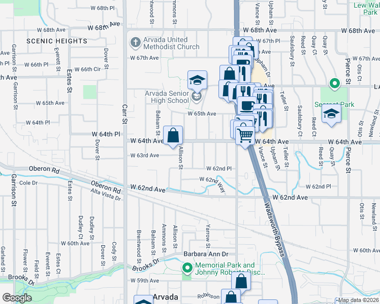 map of restaurants, bars, coffee shops, grocery stores, and more near 6271 Zephyr Street in Arvada