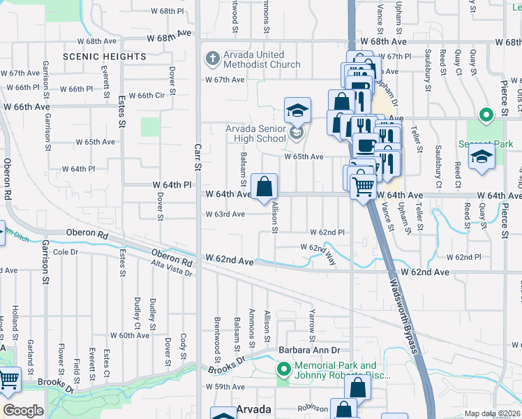 map of restaurants, bars, coffee shops, grocery stores, and more near 6275 Ammons Drive in Arvada