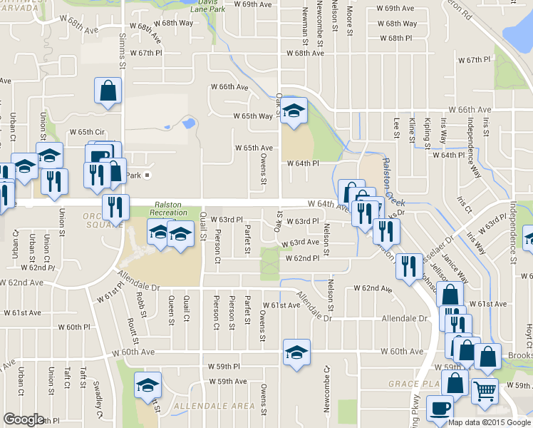 map of restaurants, bars, coffee shops, grocery stores, and more near 6348 Oak Court in Arvada