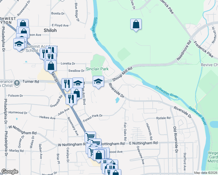 map of restaurants, bars, coffee shops, grocery stores, and more near 450 Shoup Mill Road in Dayton