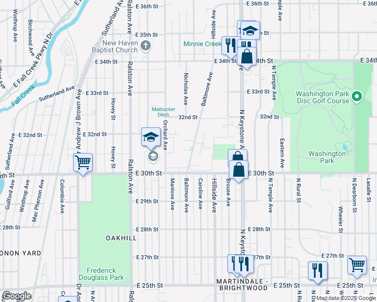 map of restaurants, bars, coffee shops, grocery stores, and more near 3015 Baltimore Avenue in Indianapolis