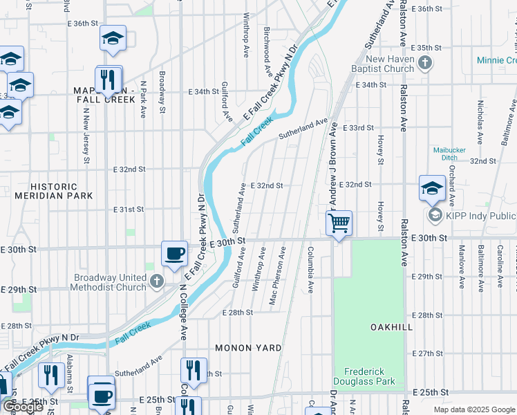 map of restaurants, bars, coffee shops, grocery stores, and more near 3028 Guilford Avenue in Indianapolis