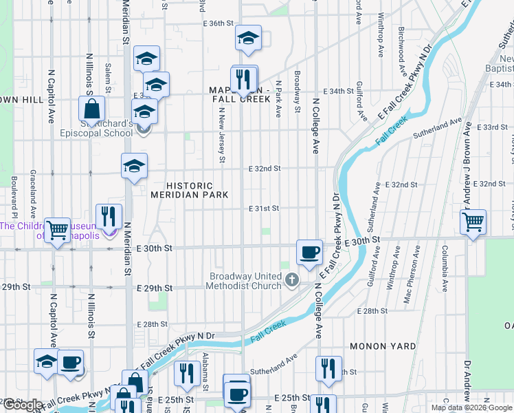 map of restaurants, bars, coffee shops, grocery stores, and more near 3041 Ruckle Street in Indianapolis