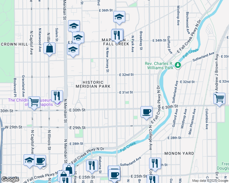 map of restaurants, bars, coffee shops, grocery stores, and more near 3053 Central Avenue in Indianapolis