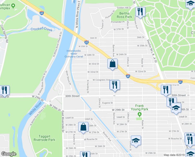 map of restaurants, bars, coffee shops, grocery stores, and more near 3108 Elmira Street in Indianapolis