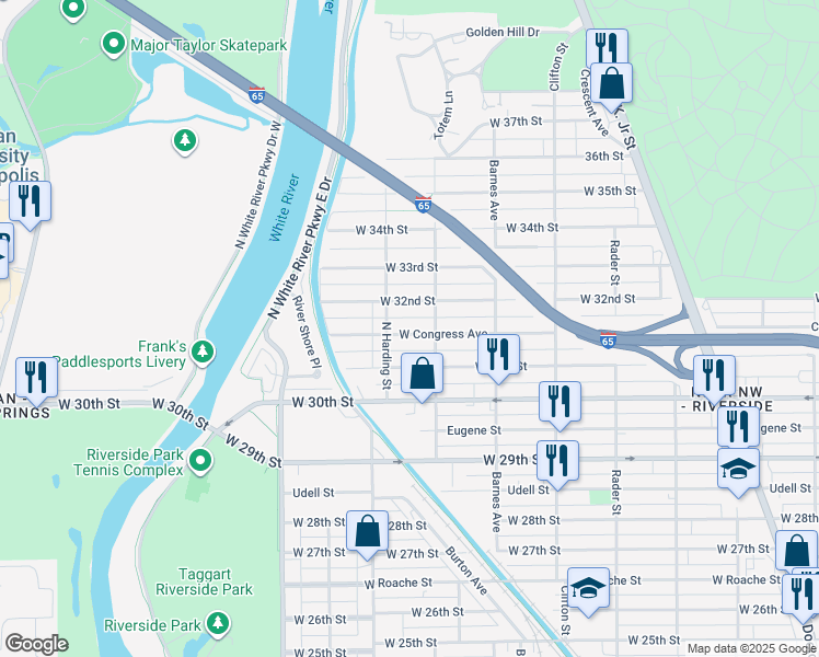 map of restaurants, bars, coffee shops, grocery stores, and more near 3108 Elmira Street in Indianapolis