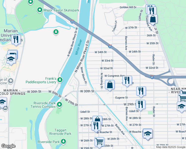 map of restaurants, bars, coffee shops, grocery stores, and more near 1441 West Congress Avenue in Indianapolis
