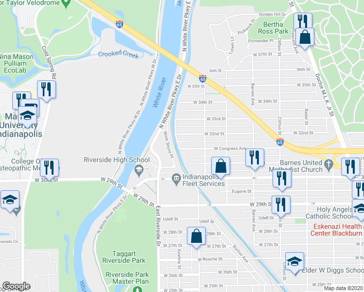 map of restaurants, bars, coffee shops, grocery stores, and more near 1441 West Congress Avenue in Indianapolis