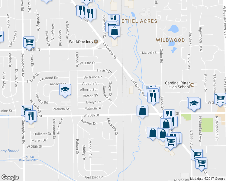 map of restaurants, bars, coffee shops, grocery stores, and more near 3107 Thayer Street in Indianapolis