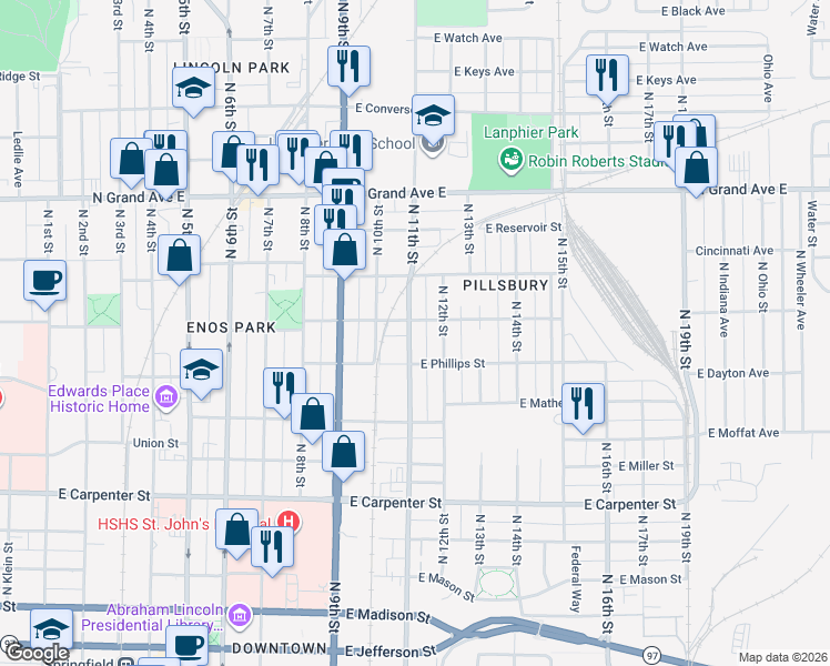 map of restaurants, bars, coffee shops, grocery stores, and more near 1101-1199 E Phillips St in Springfield