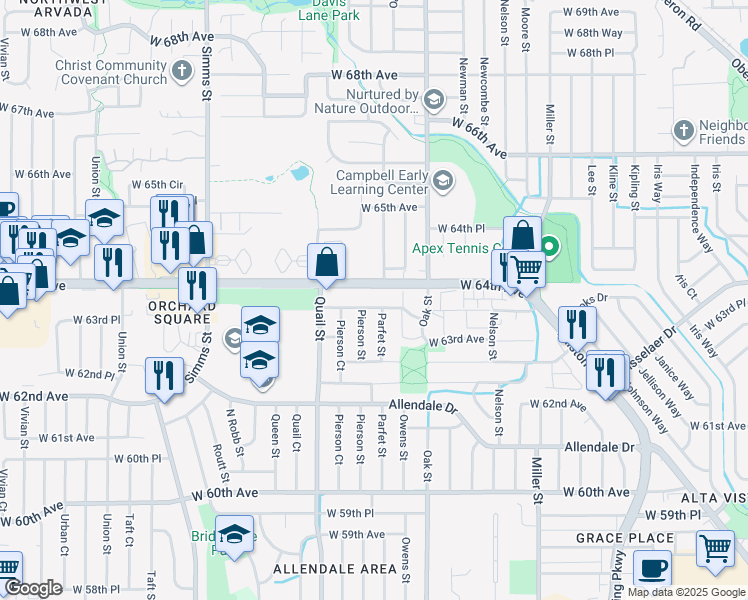 map of restaurants, bars, coffee shops, grocery stores, and more near 11051 West 63rd Place in Arvada