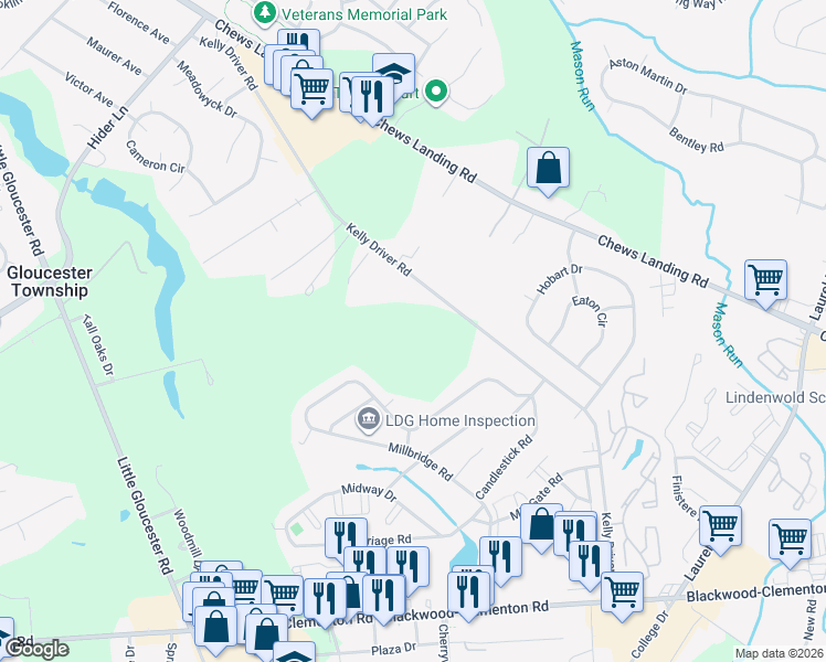 map of restaurants, bars, coffee shops, grocery stores, and more near 122 Kelly Driver Road in Clementon
